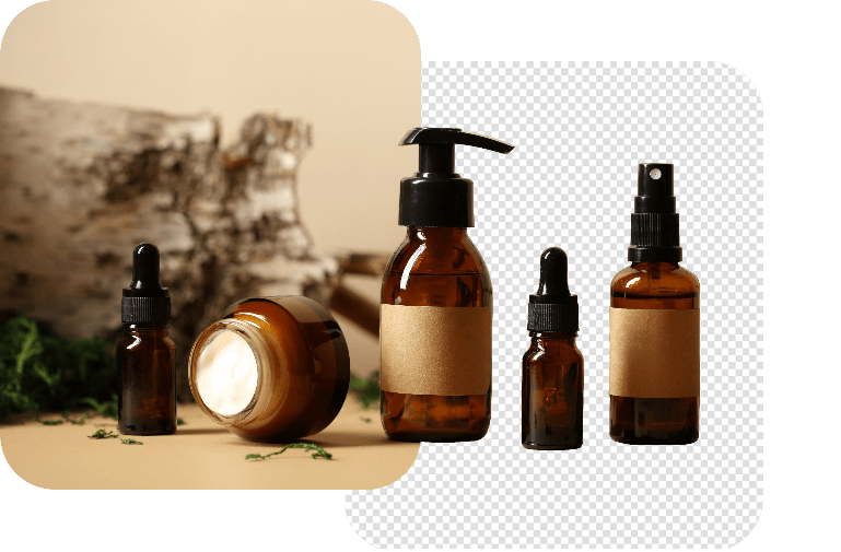 Eliminación del fondo de foto de producto Imagen de producto de diferentes botellas con y sin fondo